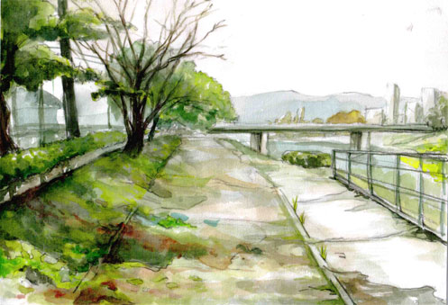 ぼんぐの水彩画ブログ 京都 鴨川の風景画